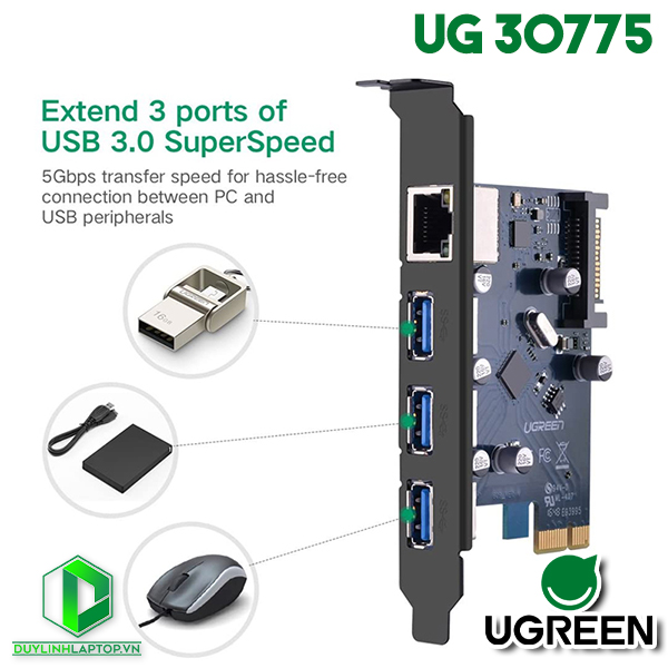 Card PCI Express to 3 USB 3.0 + Lan tốc độ 1000Mbps Ugreen 30775