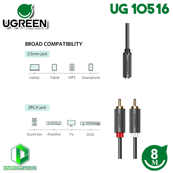 Dây loa 3.5mm ra 2 RCA dài 8m (hoa sen) Ugreen 10516