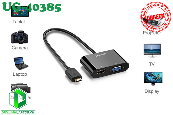 Cáp Mini HDMI to HDMI + VGA cao cấp chính hãng UGREEN UG-40385 hỗ trợ 4K, 3D