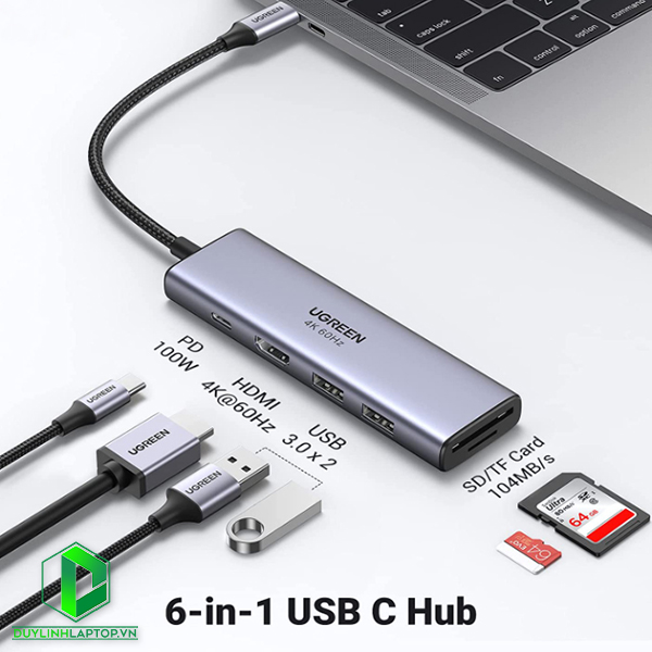 Hub Type C to HDMI , 2 USB 3.0 , TF/SD , PD 100w Ugreen 60384