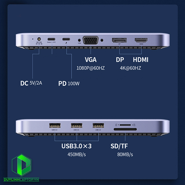Hub USB Type C 11 in 1 to HDMI, VGA, Displayport, USB 3.0, đọc thẻ SD/TF hỗ trợ sạc USB C Ugreen 70305