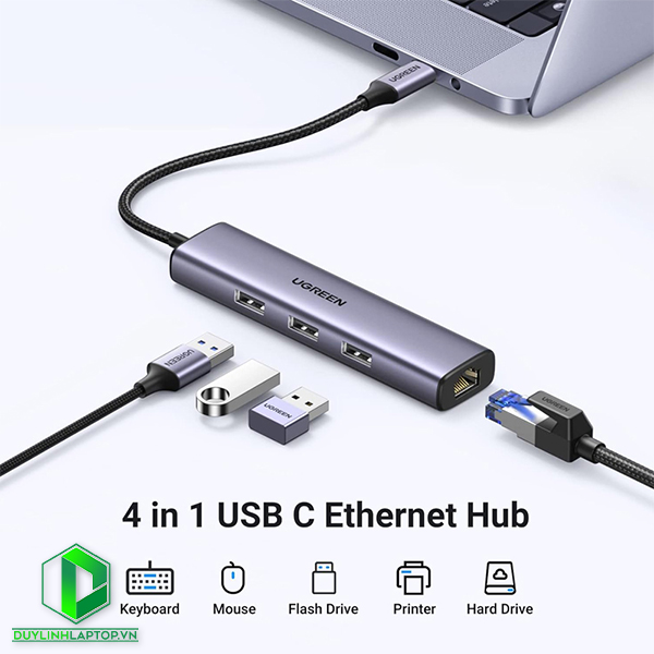 Hub USB Type C to 3 cổng USB 3.0 + Lan Ugreen 60600 tốc độ 1000Mbps