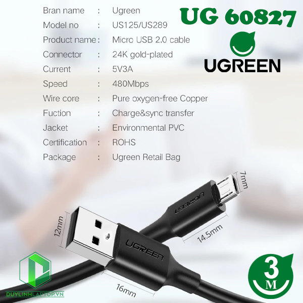 Cáp USB to Micro USB dài 3m màu đen Ugreen 60827