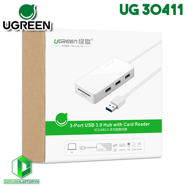 Bộ chia USB 3.0 ra 3 cổng tích hợp đọc thẻ SD/TF Ugreen 30411