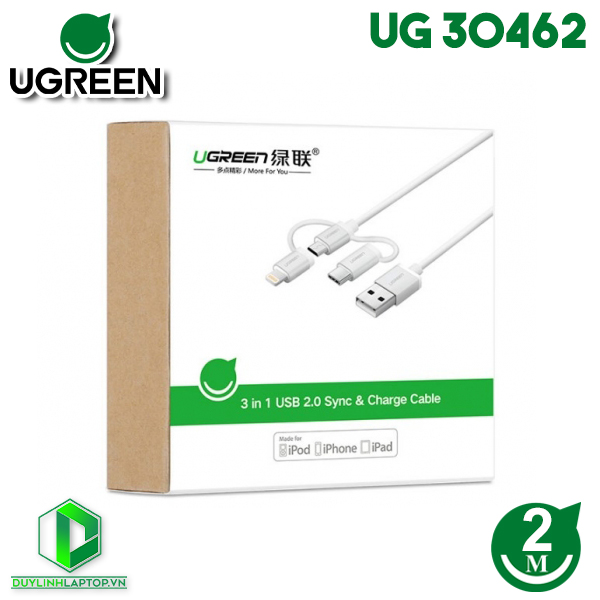 Cáp Sạc 3 Trong 1 USB-C, Micro USB, Lightning 2M Ugreen 30462