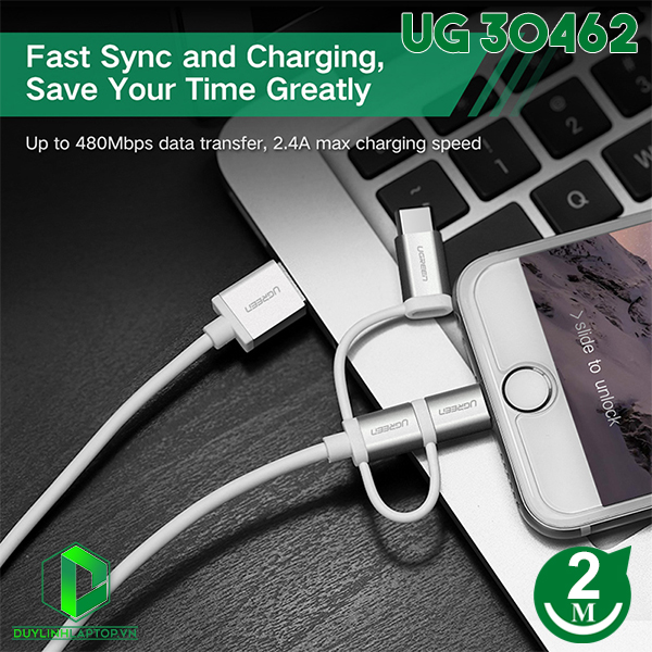 Cáp Sạc 3 Trong 1 USB-C, Micro USB, Lightning 2M Ugreen 30462