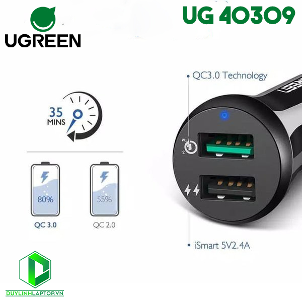 Sạc trên ô tô 2 cổng USB hỗ trợ 2.4A/Quick Charge 3.0 Ugreen 40309