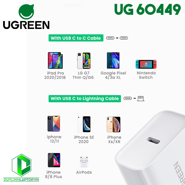 Củ sạc nhanh 20W chuẩn USB C hỗ trợ QC 4.0 Ugreen 60449