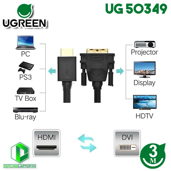 Cáp chuyển đổi HDMI to DVI 24+1 dài 3m Ugreen 50349