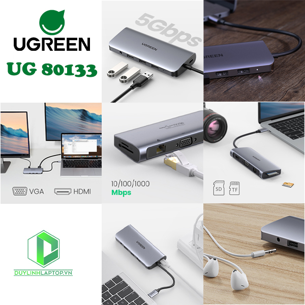 Hub USB Type C 10 in 1 tích hợp HDMI, VGA, 3.5mm, Lan, USB, Đọc Thẻ, Sạc USB C PD Ugreen 80133 -4