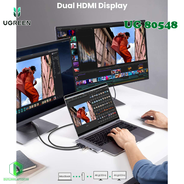 Hub USB Type C to 2 HDMI, USB 3.0, đọc thẻ SD/TF hỗ trợ sạc USB Type C Ugreen 80548