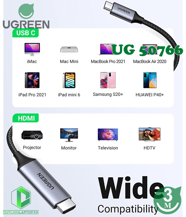 Cáp chuyển đổi USB Type C to HDMI dài 3m Ugreen 50766 hỗ trợ 4K@60Hz