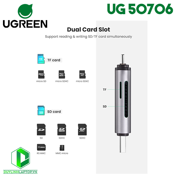 Đầu đọc thẻ nhớ SD/TF chuẩn USB Type C và USB 3.0 Ugreen 50706