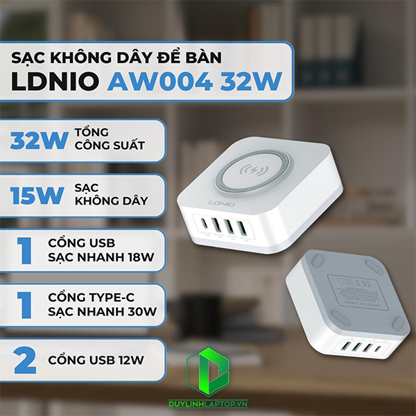 Bộ sạc không dây LDNIO AW004 32W 3 USB Type A + 1 USB Type C