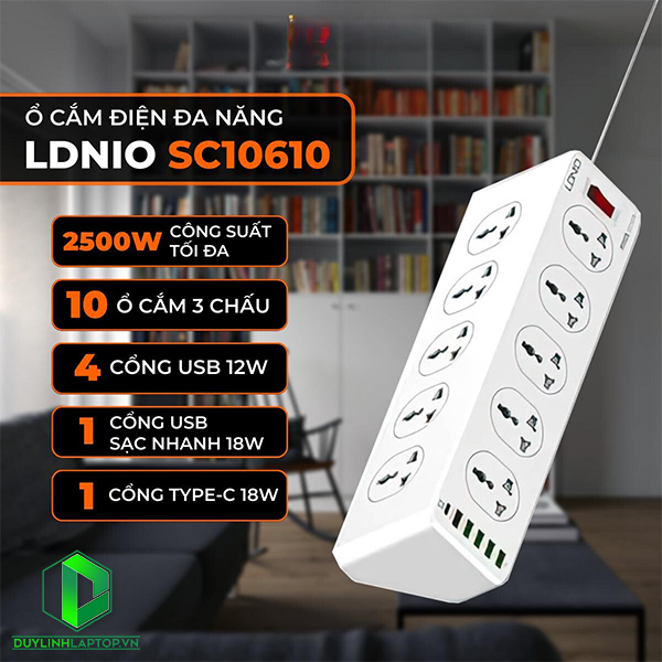 Ổ cắm điện đa năng LDNIO SC10610 - 10 chân cắm 3 chấu + 05 cổng USB Type-A + 01 cổng USB Type-C