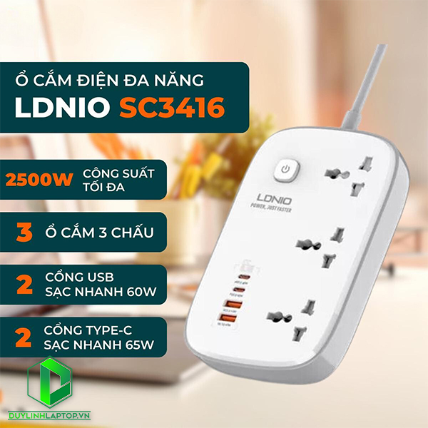 Ổ cắm điện đa năng LDNIO SC3416 - 2 cổng USB Type-A + 3 ổ cắm 3 chấu + 2 cổng USB Type-C