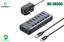 Bộ HUB chia 7 cổng USB 3.0 5Gbps vỏ nhôm, công tắc Ugreen 90305 kèm nguồn 12V2A