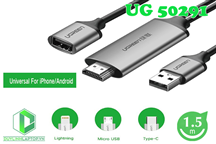 Cáp Chuyển Đổi USB (Micro, Lightning, Type-C) to HDMI dài 1,5m Ugreen 50291