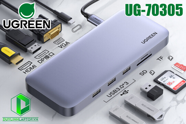 Hub USB Type C 11 in 1 to HDMI, VGA, Displayport, USB 3.0, đọc thẻ SD/TF hỗ trợ sạc USB C Ugreen 70305