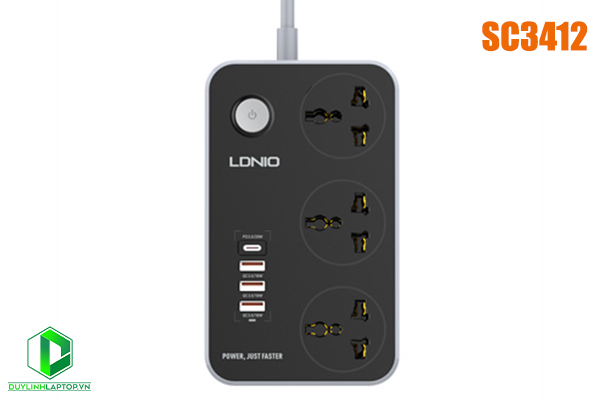 Ổ cắm điện đa năng LDNIO SC3412 - 03 chấu + 03 cổng USB Type A + 01 cổng USB Type-C